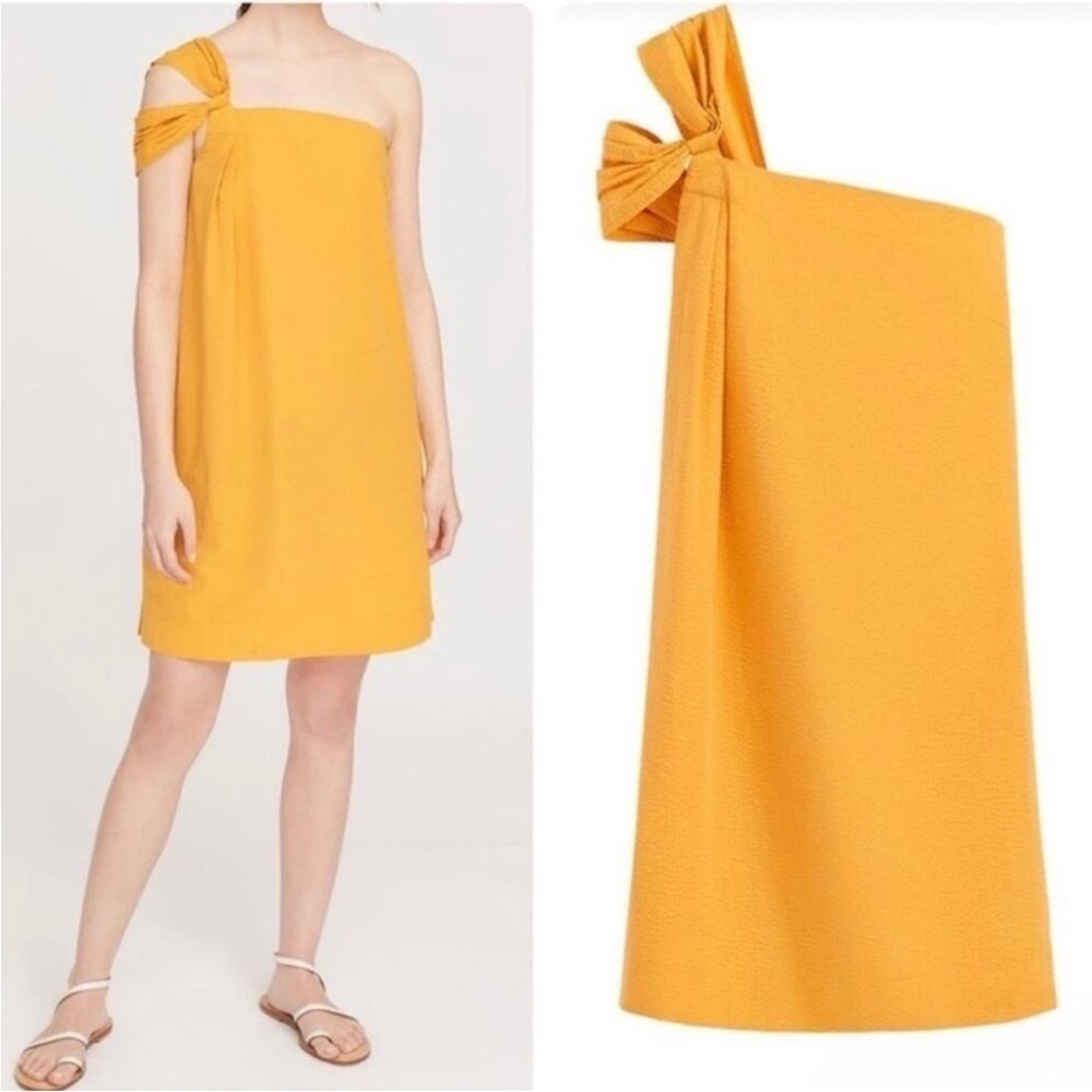 Cuyana Seersucker Twisted Shoulder A-Line Asymmetric Dress in Daffodil